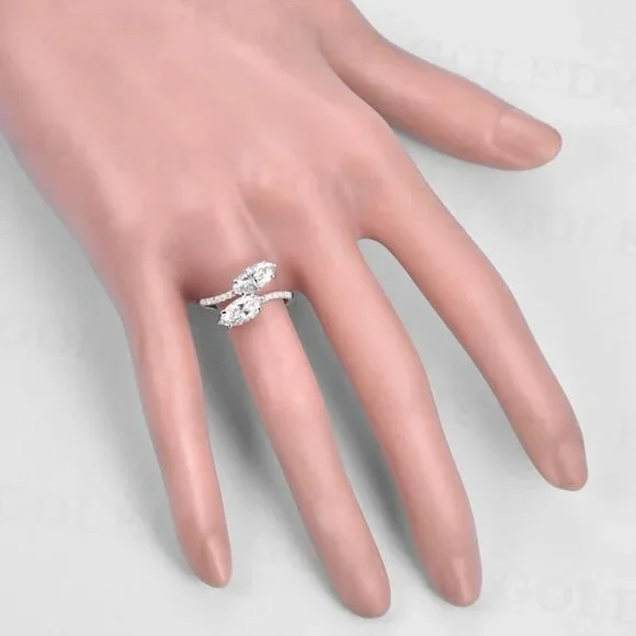 😍GORGEOUS 14K WHITE GOLD TWISTED DOUBLE MARQUIS TRENDY FASHION RING, K912 - Picture 3 of 13